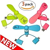 HBirdPc Cell Phone Fan 3-in-1 Portable Powerful Mini Phone Fan for iPhone/iPad, Android,Samsung Galaxy S8/S9/S10,Huawei,USB C,Type C - Pink/Blue/Green - 3 Piece