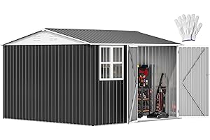 DWVO 10x10ft Large Tool Storage Shed with Window, Lockable Doors, and Sloped Roof, Oversized Steel Outdoor Storage Shed for Garden, Patio, Garage, Backyard, Lawn - Dark Gray