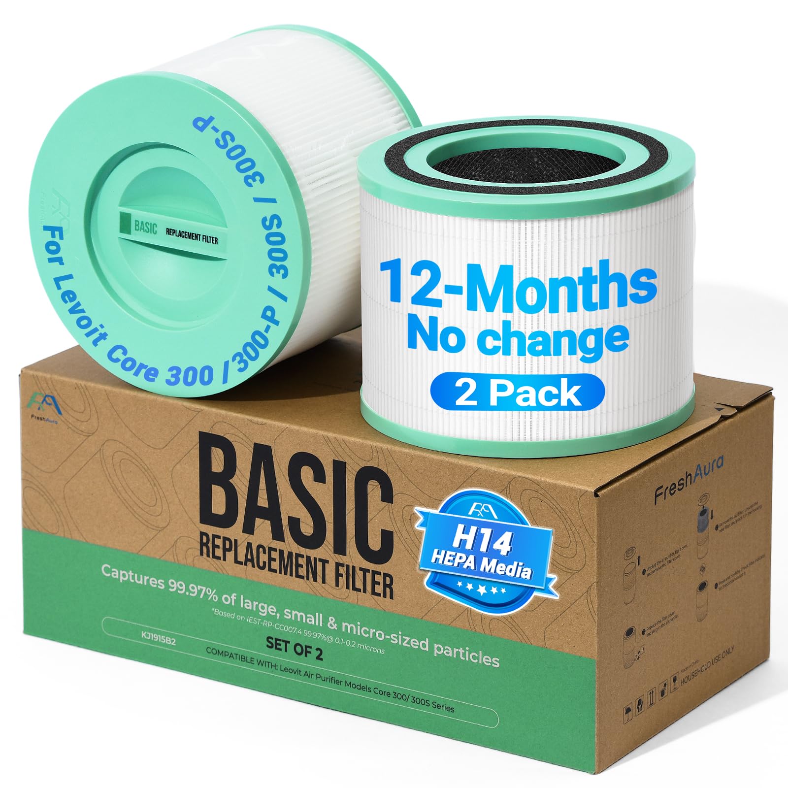 Photo 1 of 2025 Upgraded 2 Pack Core 300s Pet-Enhanced Filter for Levoit Core 300 Core 300s Air Purifier, Core 300-RF/300S-RF, 12 Months Lifespan, 3-in-1 H13 True HEPA, Activated Carbon Filtration,Green