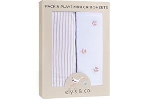 ELY'S & CO. Ely’s & Co. Pack and Play Sheets, for Mini/Portable Crib, 2 Pack Fitted Playpen Play Yard Sheet Set Compatible with Graco Pack n Play, for Baby Girls, 100% Cotton, Pink Tulips and Stripes, 38”x24”x5”