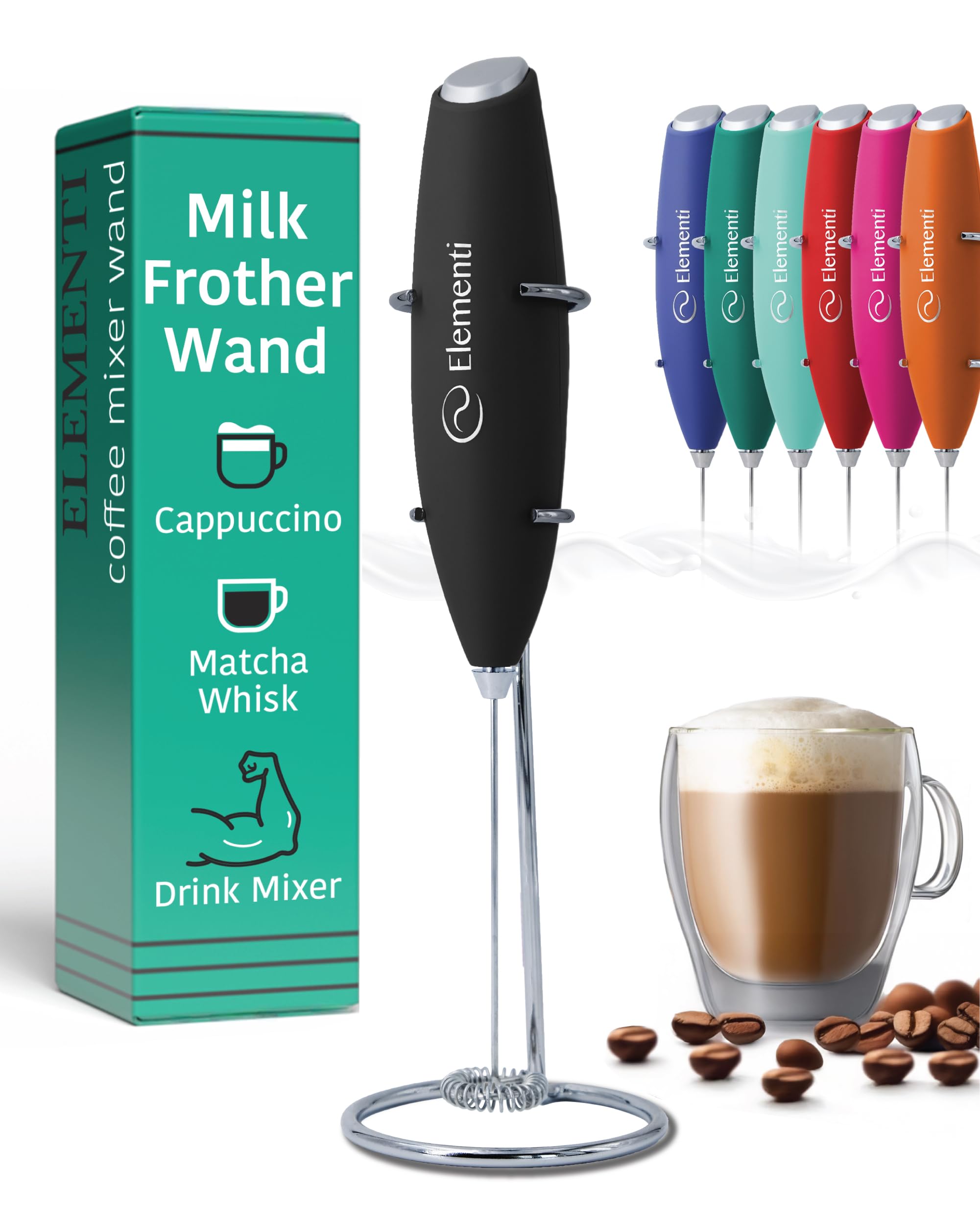 Elementi Milk Frother Handheld with Stand - Matcha Whisk - Electric Whisk for Coffee and More - Midnight Black