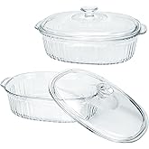 2 Pack Glass Casserole Baking Dishes with Lids for Oven,1.9 Qt and 3 Qt Ribbed Oval Glass Serving Dishes Bakeware Set for Las