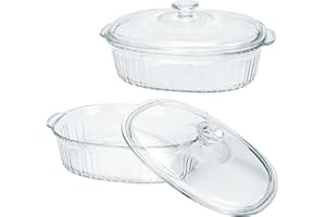 2 Pack Glass Casserole Baking Dishes with Lids for Oven,1.9 Qt and 3 Qt Ribbed Oval Glass Serving Dishes Bakeware Set for Las