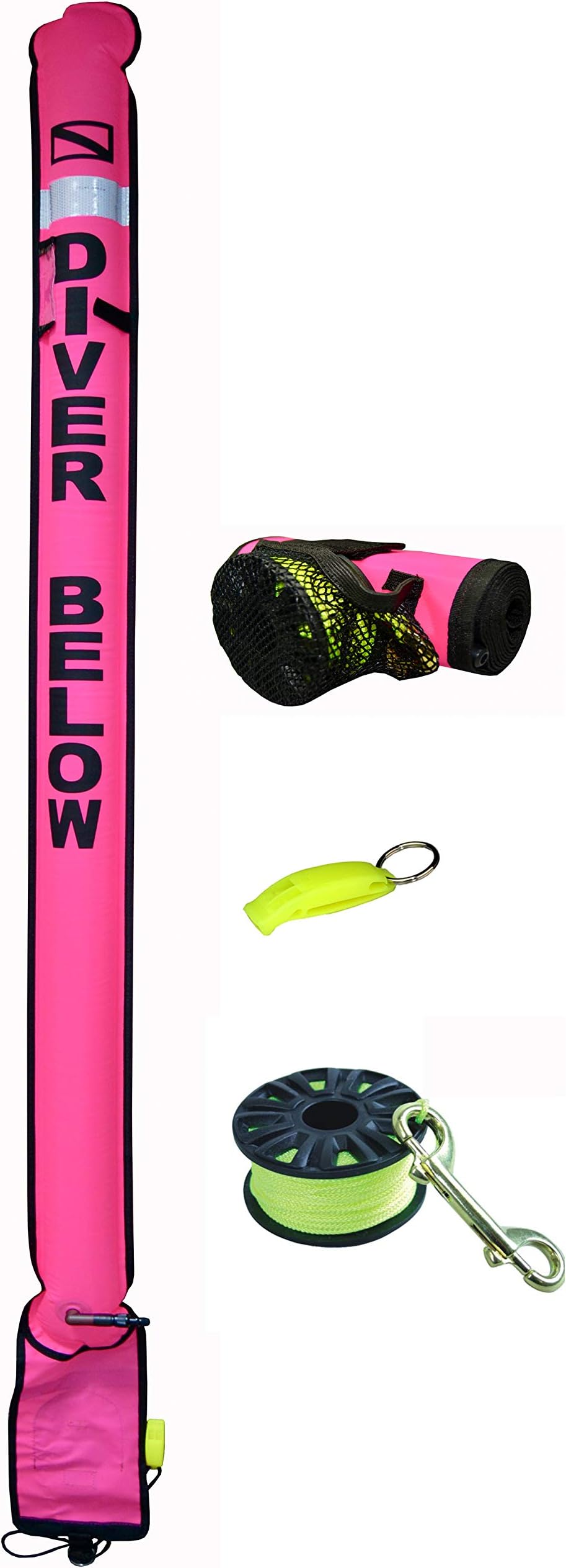 DiveSmart 7ft Scuba Diving Closed Bottom Surface Marker Buoy (SMB) with High Visibility Reflective Band, Strobe Light or Flashlight Holder Includes 100ft Finger Spool ABS Dive Reel and Whistle