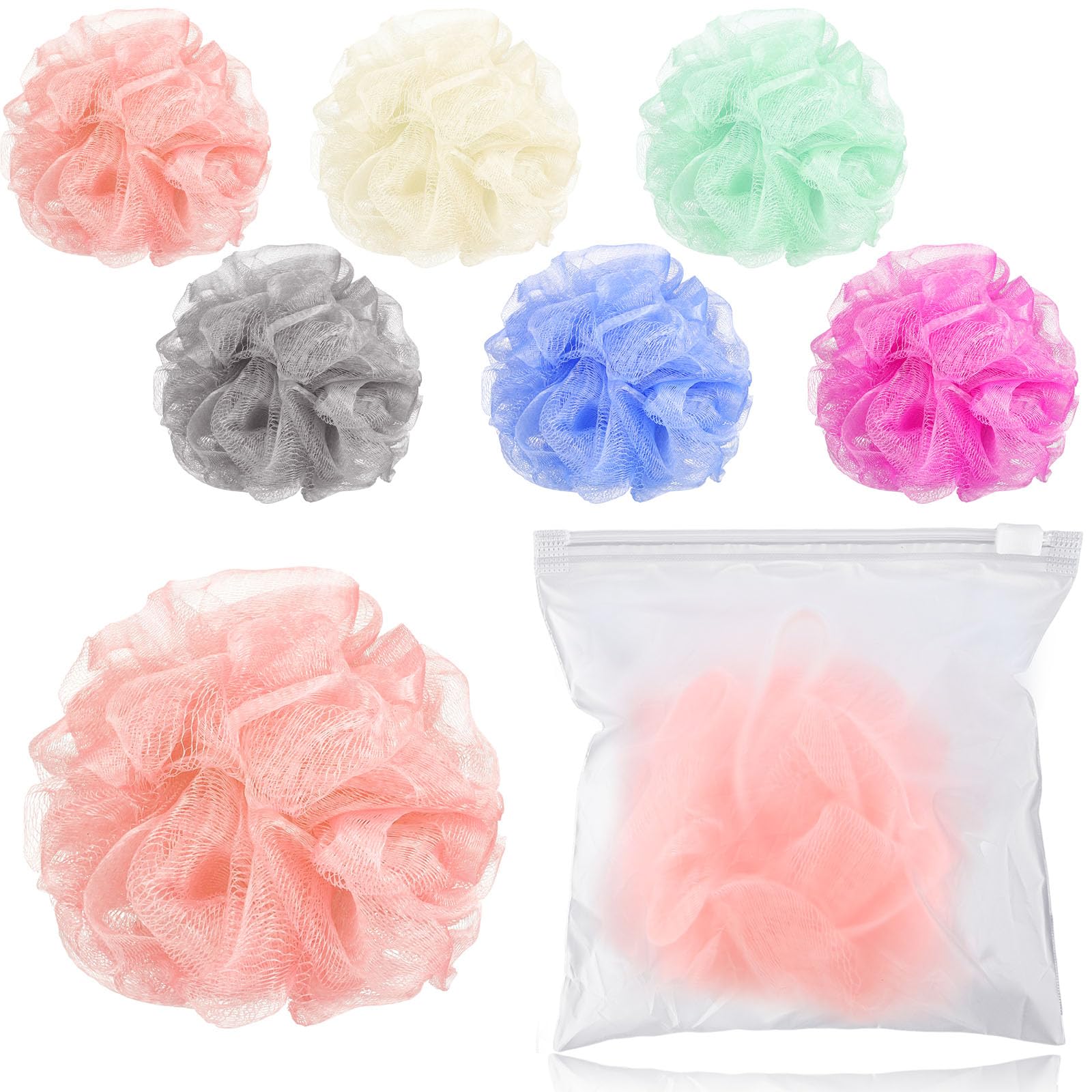Photo 1 of Funnymoom 6 Pcs Travel Size Loofah Individually Wrapped, Small Shower Puff Bath Sponge Pouf Ball Bulk Mesh Bath Puff Mini Loofah Sponge with Case Bulk for Shower Care (25g,Pastel)