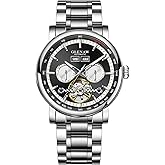 GLENAW Luxury Automatic Mechanical Mens Watche-Skeleton Dial, Day Date Tourbillon Self Winding Dress Wrist Watches Luminous