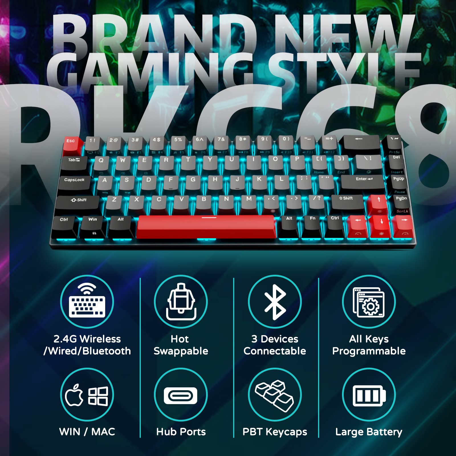 RK ROYAL KLUDGE RK G68 65% Wireless Mechanical Keyboard, Bluetooth5.1/2.4G/Wired Hot Swappable Mechanical Keyboard with RGB 68 Keys 3 USB Ports PBT Keycaps, Brown Switch for Mac Windows, Dolch