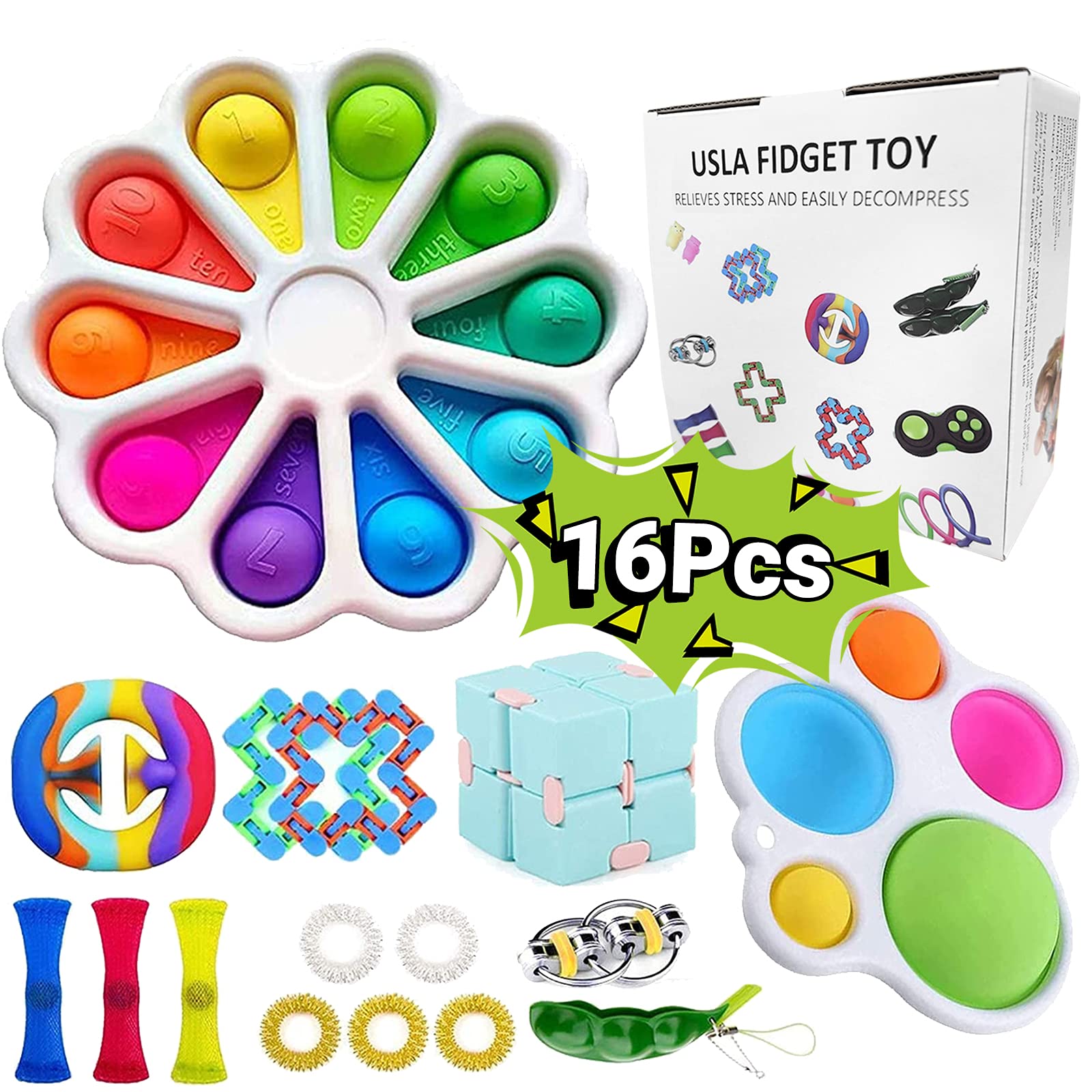 USLA Fidget Packs, Sensory Toys Packages with Popping Fidget Sensory Toys Infinite Cube for Sensory Kids and ADHD Adults Stress Reliefing and Anti-Anxiety Toys Set (A-16pieces)