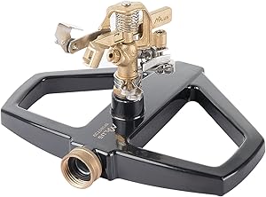 M PLUS Water Sprinkler, Heavy Duty Brass Impact Lawn Sprinkler with Metal Sled, Water Sprinkler Adjustable Angle and Distance, Watering Up to 41' Diameter Circle
