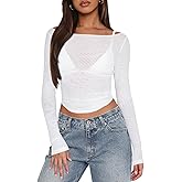 Women's Mesh Sheer Long Sleeve Top for Women Sexy Boat Neck Going Out Tops Casual Club Party See Through Tee Shirts