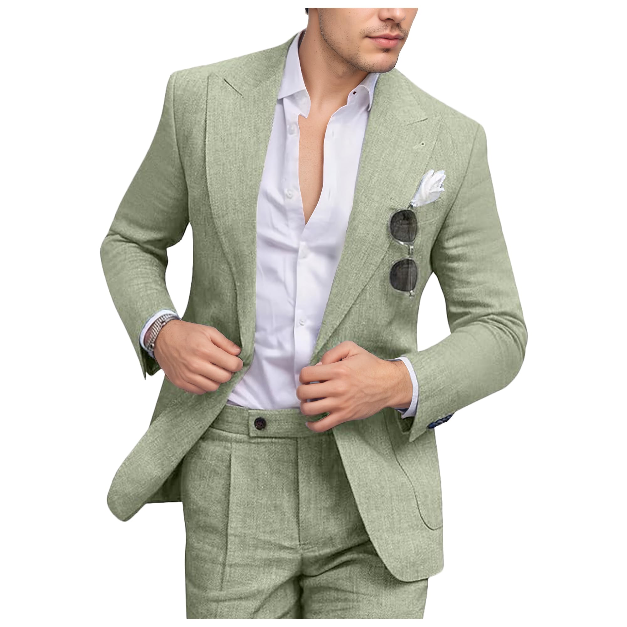 Photo 1 of 2 Piece Linen Suits for Men Slim Fit Light Green Casual Suit Summer Grooms Wedding Lightweight Tuxedo Blazer Pants Set M