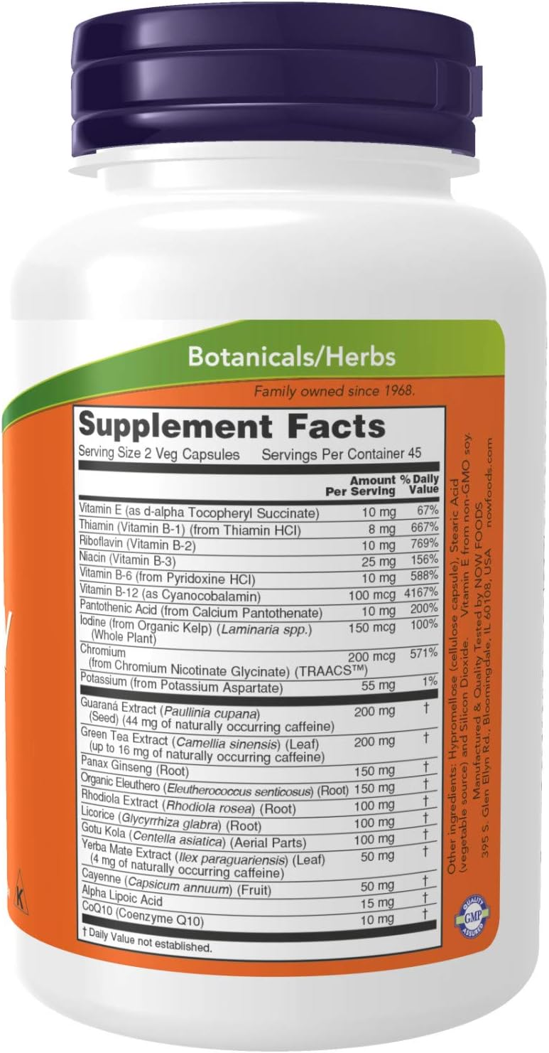 NOW Supplements, Energy Dietary Supplement (lncludes B Vitamins, Green tea, Panax Ginseng and Rhodiola), 90 Capsules: Health & Personal Care