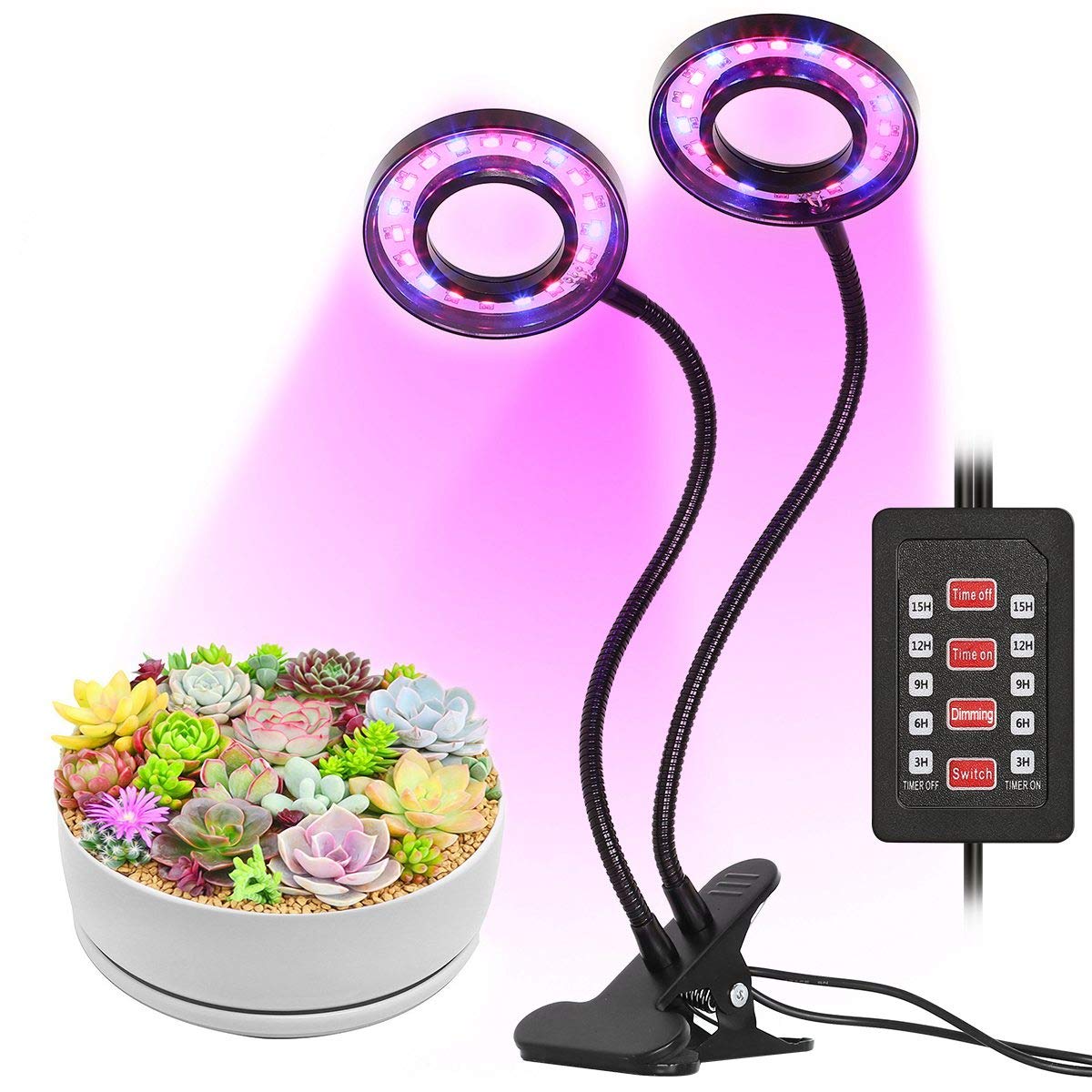 LED Grow Light,INKERSCOOP Succulent Light Indoor Auto ON/Off 18W 36 LED Dual Head 3-6-9-12-15 Timer 5 Dimmable Levels Grow Lamp Plant Growing Lights 3 Light Spectrum Change Blue/Red/RED&Blue Light