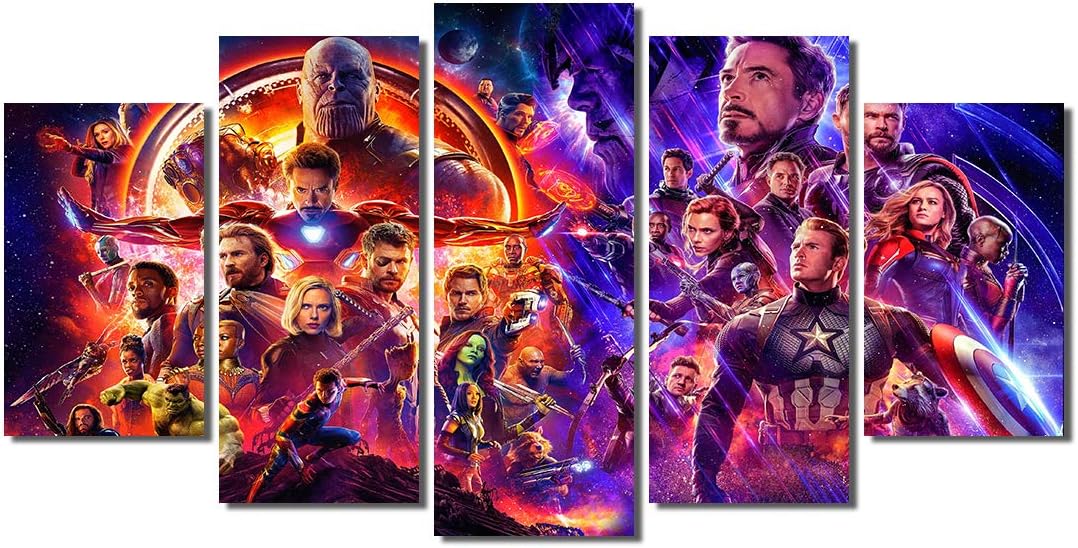 Picture Sensations® Framed Canvas Art Print, Avengers Endgame Infinity War Iron Man Hulk Thor Captain America Thanos Carol Danvers Black Widow Nebula Hawkeye - 5 Panel 60"x32"
