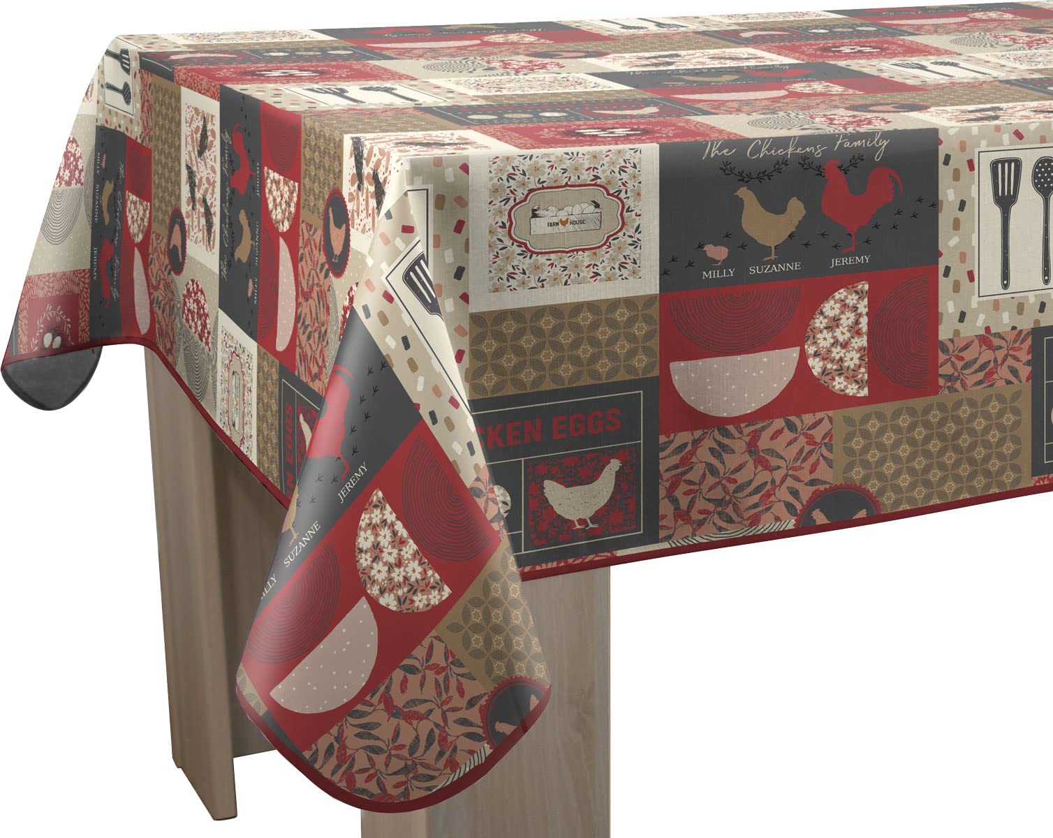 Le linge de Jules Stain-Resistant Rectangular Chicken Tablecloth 150 x 240 cm Red