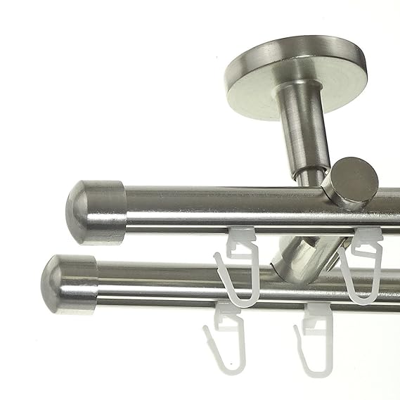 BASIT® Innenlauf Gardinenstange Edelstahl Look 16mm Deckenträger 2-läufig modern Kappe D80 E17 E17, Länge:320 cm
