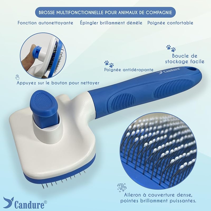 Brosse de toilettage professionnelle pour chien et chat, brosse pour animaux de compagnie, pour poils longs et courts, picots en acier inoxydable, élimine les poils morts (Bleu Ciel)