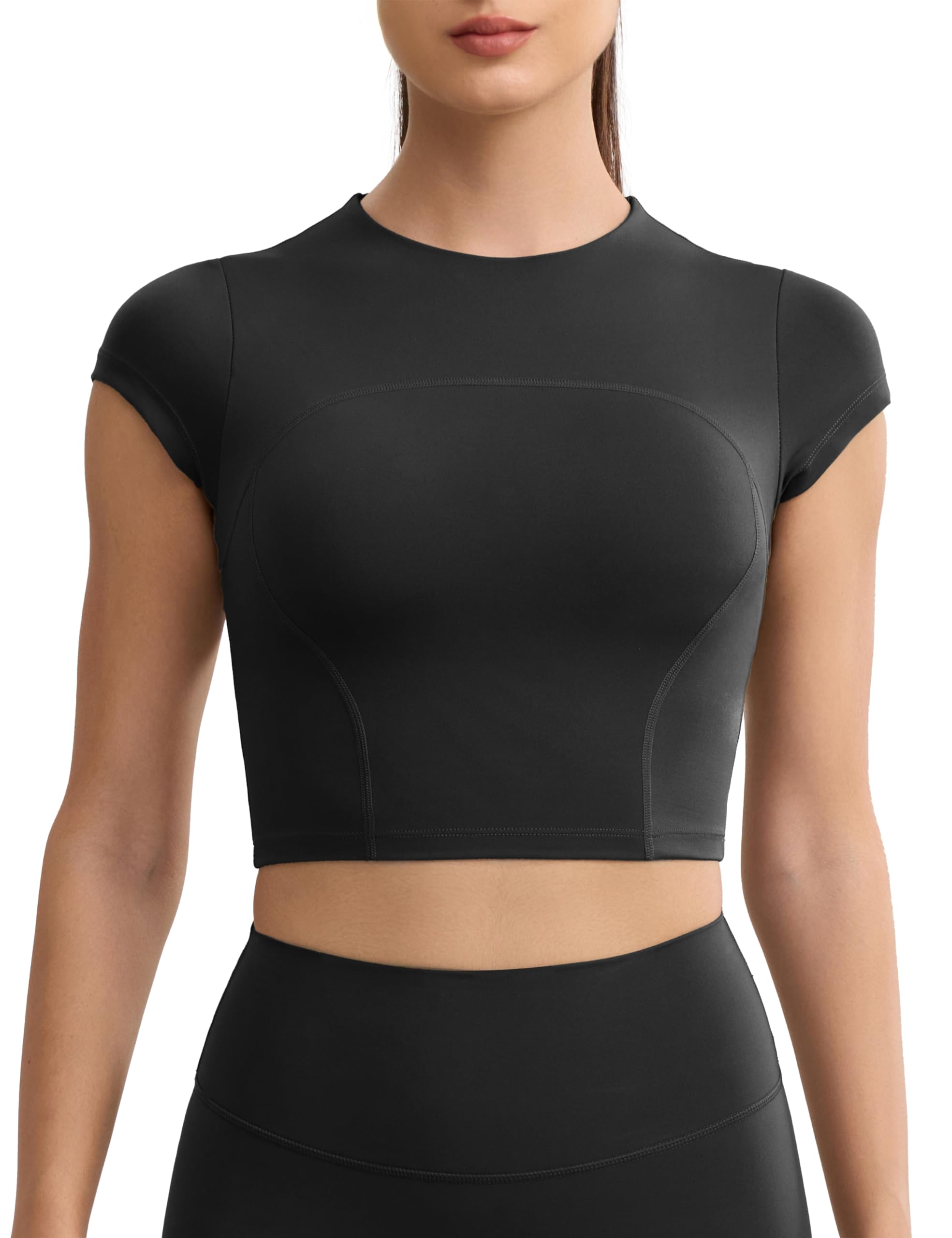 Photo 1 of ENERBLOOM Workout Crop Tops for Women Yoga Short Sleeve Mild Support Slim Fit Cropped Athletic Shirts Gym Tee Built in Bra Black Medium
