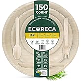 ECORECA 150-Piece Biodegradable Palm Leaf Dinnerware Set | 10", 7", 5” Inch Round Plates |Eco-Friendly Disposable Plates & Cutlery for 25 Guests Forks, Knives & Spoons for Wedding, Parties, BBQ