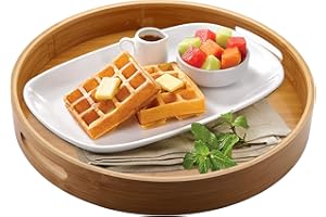 Jucoan 13.8 Inch Large Round Bamboo Serving Tray, Bamboo Wood Circle Tray with Handles, Round Ottoman Food Tray for Serving B