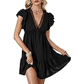 LYANER Women's Deep V Neck Ruffle Short Sleeve A Line Swing Flared Cocktail Party Mini Dress