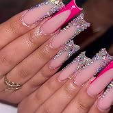 Handmade Press on Nails - Long Square Fake Nails - Red French Tips Design Shiny Rhinestone False Nails Glossy Stick on Nail Full Cover Nails Diamond Glue on Nail for Women Manicure 24Pcs