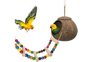 EEAIVNM Hanging Coconut Birds House with Ladder,Natural Coconut Fiber Shell Bird Nest for Parrot Parakeet Lovebird Finch Canary,Coconut Hide Birds Swing Toys for Hamster,Bird Cage Accessories,Pet Bird Supply