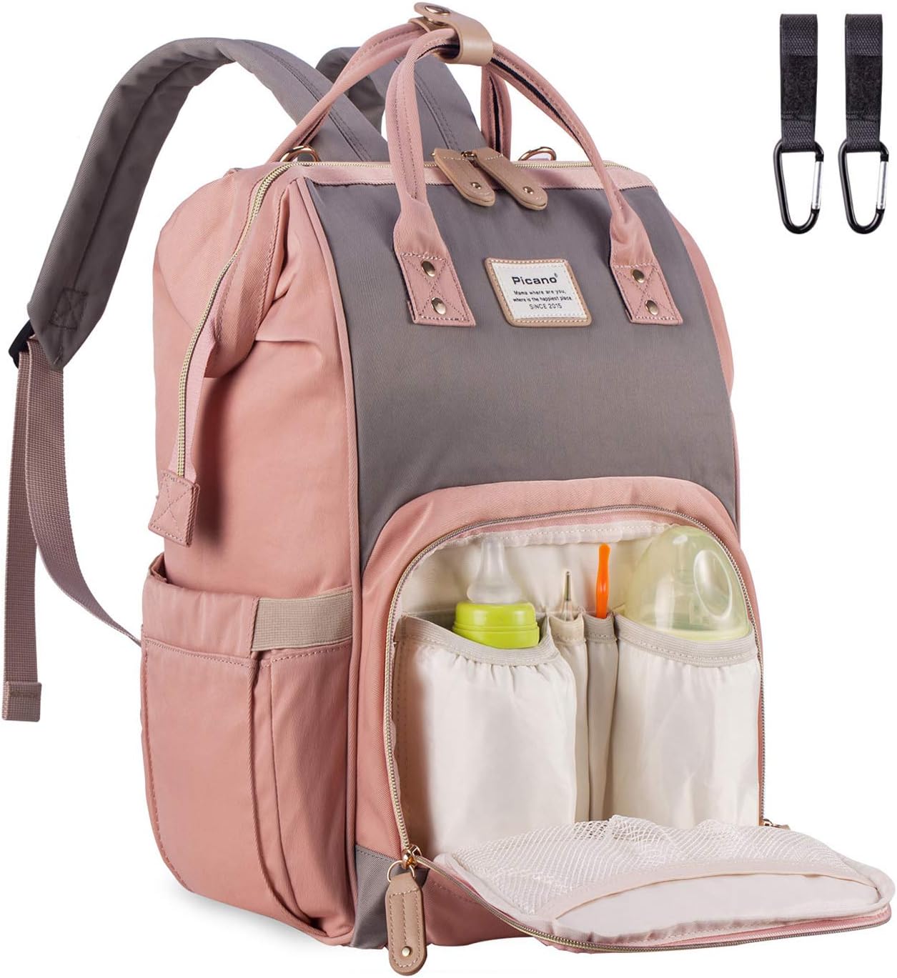 Baby Changing Bag for Mom, Multifunction Maternity Nappy Bag Waterproof Travel Diaper Rucksack Large Backpack with Insulated Pocket (Pink & Grey)