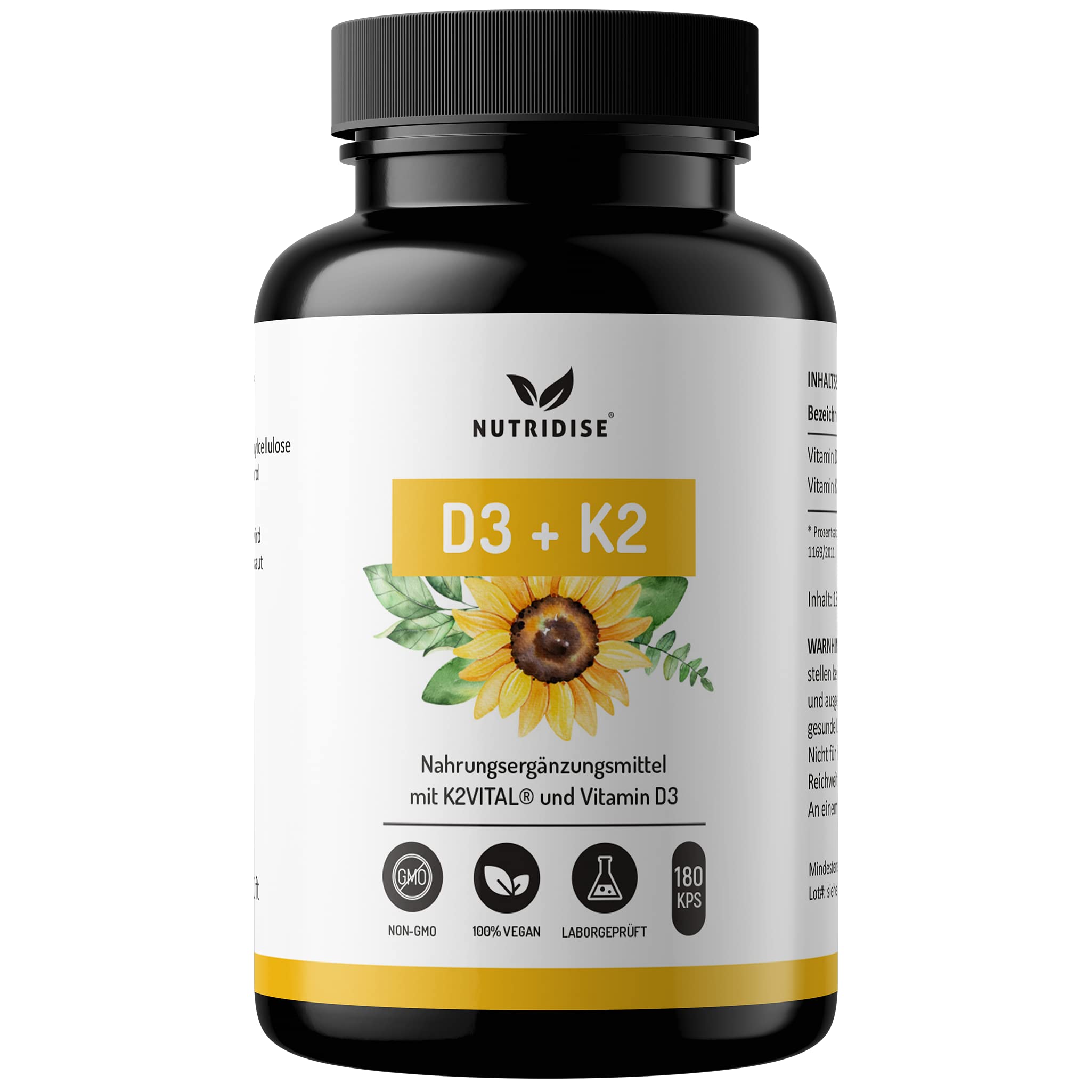 Nutridise Vitamin D3 + K2 Kapseln – 1000 IE D3 + 100 µg K2VITAL MK7 99,99% Trans-Form – optimales D3 / K2 Verhältnis - hochdosiert, laborgeprüft - 180 Kapseln