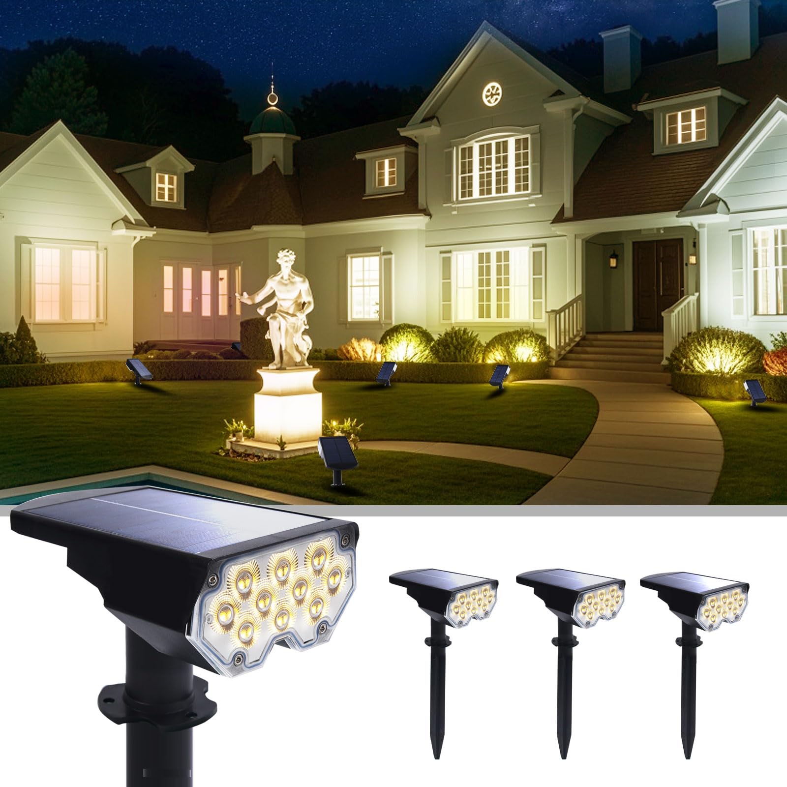 Photo 1 of 4 Pack Solar Powered Outdoor Spot Lights Outside Waterproof 20 LEDs Landscape Spotlights Dusk to Dawn for House Yard Tree, Plants, Walls, Path, Garden, Statues, Superior Accent Lamp Warm White
