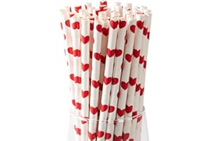 PAKTALK [100 Pack] Valentine Paper Straws, φ0.24''*8.27'' Red Heart Paper Straws for Valentines, Wedding, Party, Eco Friendly Drinking Straws (Red Heart, 0.24''*8.27'')