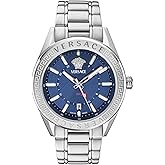 Versace V-Code GMT Collection Luxury Mens Watch Timepieces with a Silver Bracelet Featuring a Stainless Steel Case and a Blue Dial