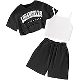 Ecolala Girl's Summer 3 Piece Outfits Graphic Short Sleeve Crop Top Cami and Shorts Clothes Set
