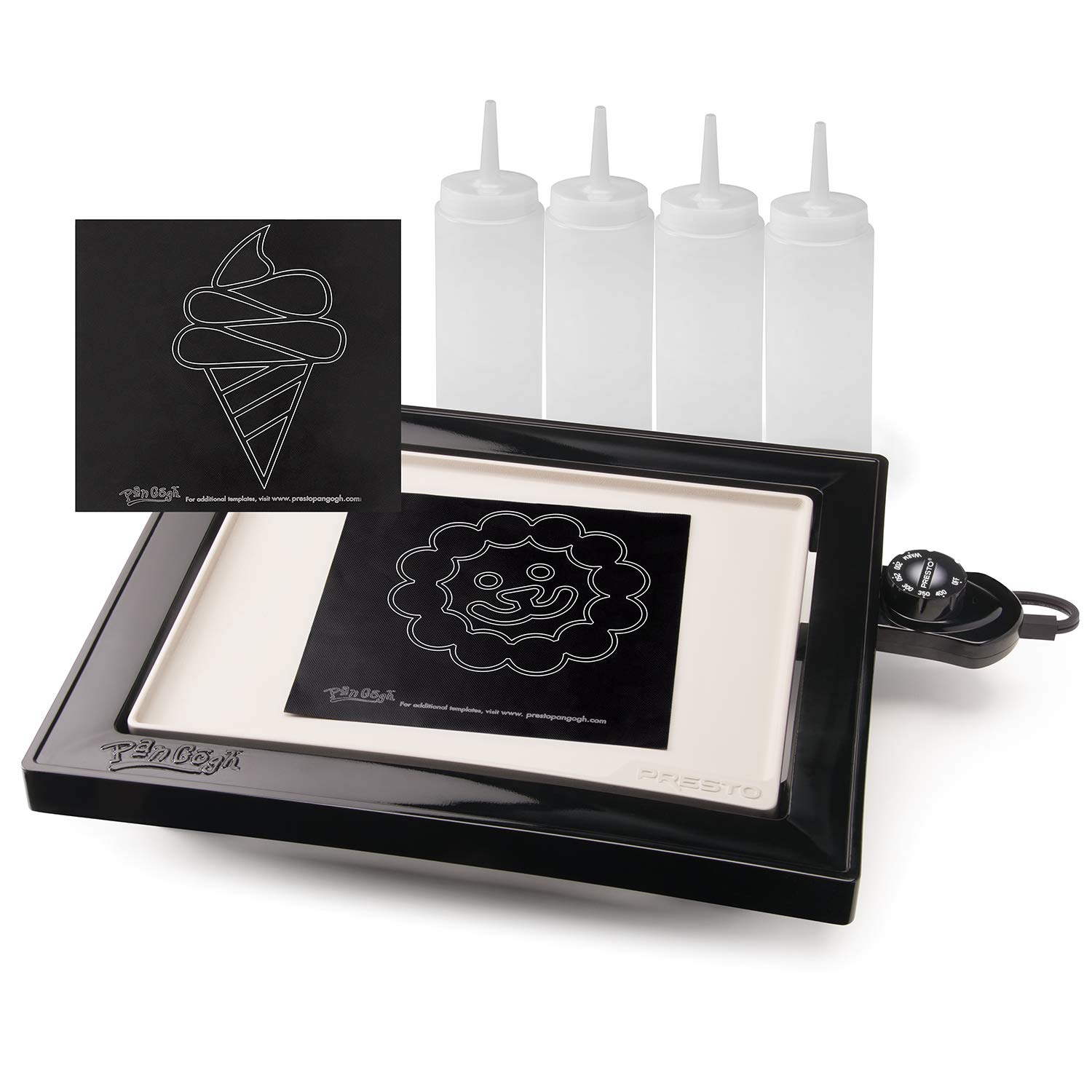 Presto 07080 PanGogh Cool Touch, Electric griddle, ideal size for small families, includes batter bottles & template for pancake art