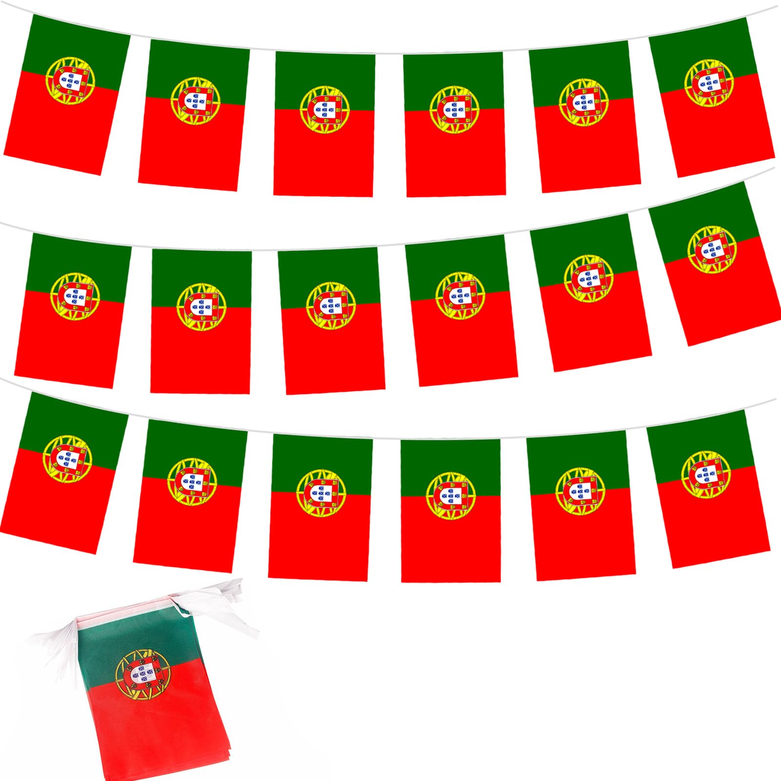Bunting 10m 30 Flags 14x21cm, Euro Football 2024 Bunting Flags Banner Party Decorations for Sports Events Bar Garden Indoor Outdoor (Portugal)