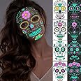 Halloween Neon Face Tattoo Stickers Day of the Dead Makeup Tattoo Stickers Luminous Rose Sugar Skull Design DIY Self Adhesive Masquerade Face Decals Halloween Party Decoration for Women 4 Sheets