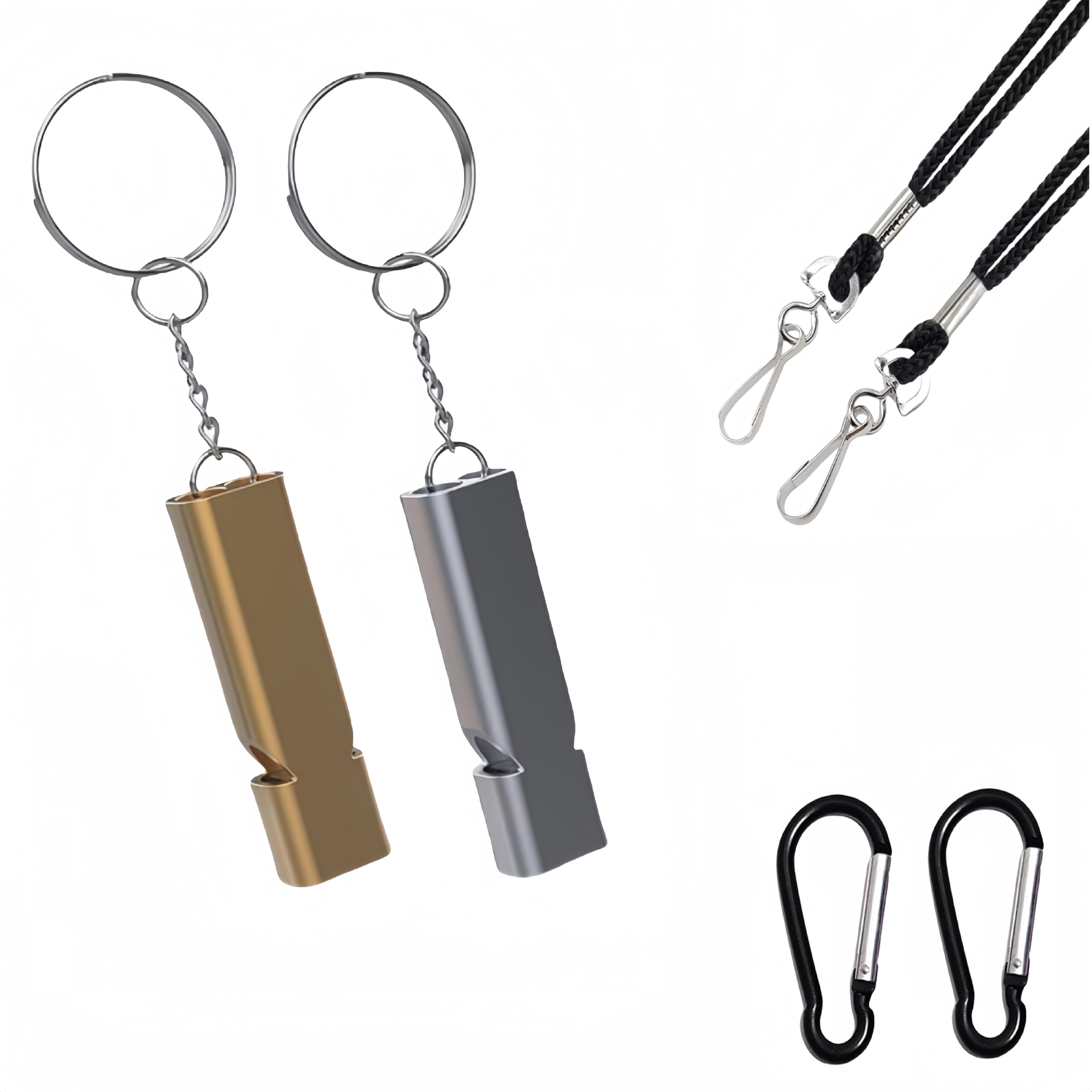 Emergency Whistles, 2 PCS Loud Safety Survival Whistles with Carabiner and Lanyard for Outdoor Hiking, Hunting, Camping, Fishing, Kayaking (A-Gold+Silver)