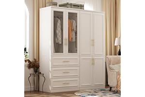 Hitow Wardrobe Armoire Closet with Glass Doors, 63.3" W Wardrobe Storage Cabinet with 3 Drawers & Hanging Rod, Wardrobe Armoire Dresser for Bedroom Clothing Organizer, White