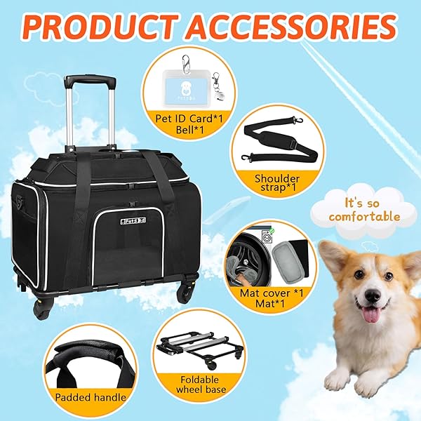 PETSKD TOP-EXPANDABLE PET CARRIER WITH WHEELS 17X12X8.5 INCHES JETBLUE ALLEGIANT SPIRIT AIRLINE APPROVED, SOFT-SIDED CARRIER FOR SMALL CAT DOG WITH LOCKING SAFETY ZIPPERS AND ANTI-SCRATCH MESH(BLACK)