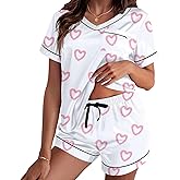 RUEWEY Women Satin Silk Pajamas Lounge Set Heart Print Short Sleeve Tops and Shorts 2 Piece Outfits Sleepwear