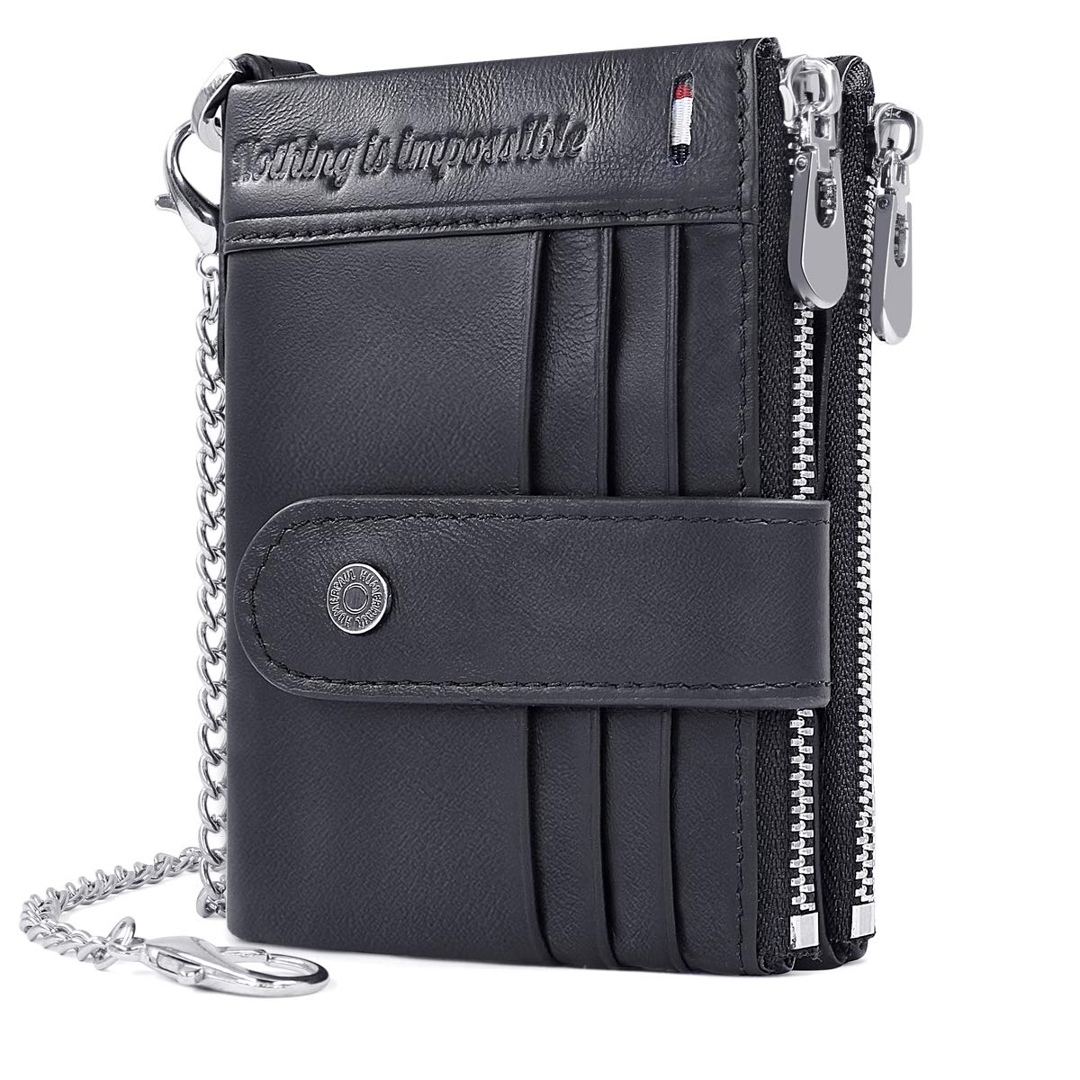 REETEE Mens Wallet RFID Blocking Genuine Leather Wallets Mens Slim Wallet for Men with Chain,Men's Bifold Leather Wallet 19 Credit Card Holder and Zipper Coin Pocket（Black）