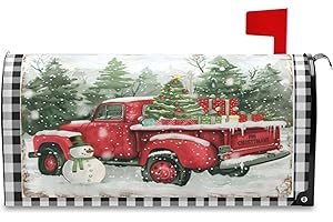 WAMIKA Merry Christmas Truck Tree Magnetic Mailbox Cover Large Size Winter Snowman Buffalo Plaid Mailbox Covers Standard Size Garden Yard Post Wraps Mail Box Cover Outdoor Decorations 21" L x 18" W