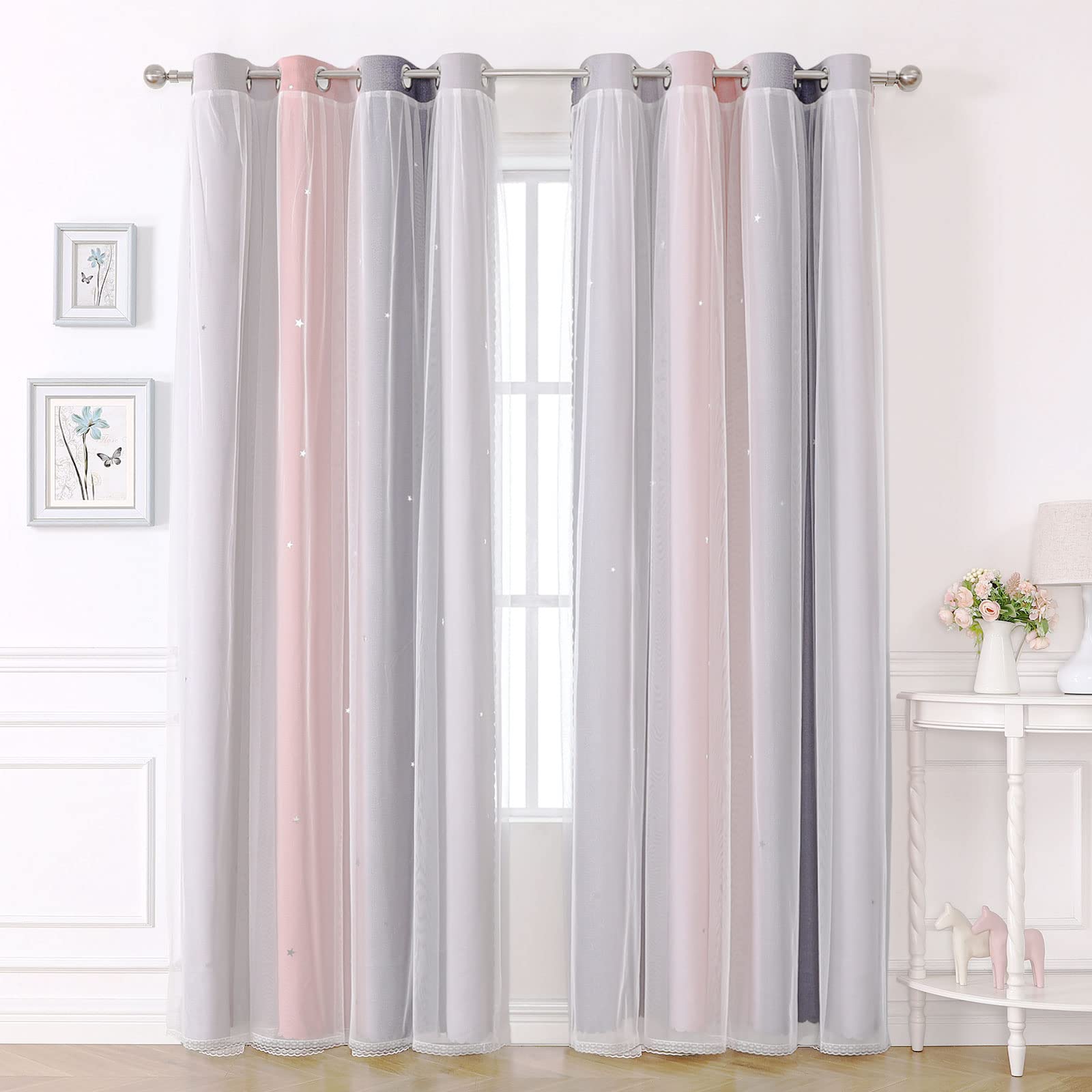 KAHEAUM Blackout Curtains for Bedroom and Living Room - Eyelet Nursery Kids Girls Voile Net Window Panels, 2 Panel 52 x 63 inch, Soundproof Thermal Pink Grey — image 1