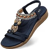 TETSUO Women Sandals Walking Flats Summer Beach Sandals Arch Support Casual Dressy Shoes for Women Elastic Ankle Strap Jeweled Bohemian Shoes