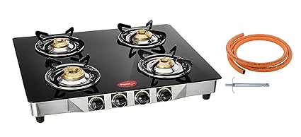 Pigeon Smart 4 Burner Glasstop Gas Stove with LPG Hose Pipe and Gas Lighter