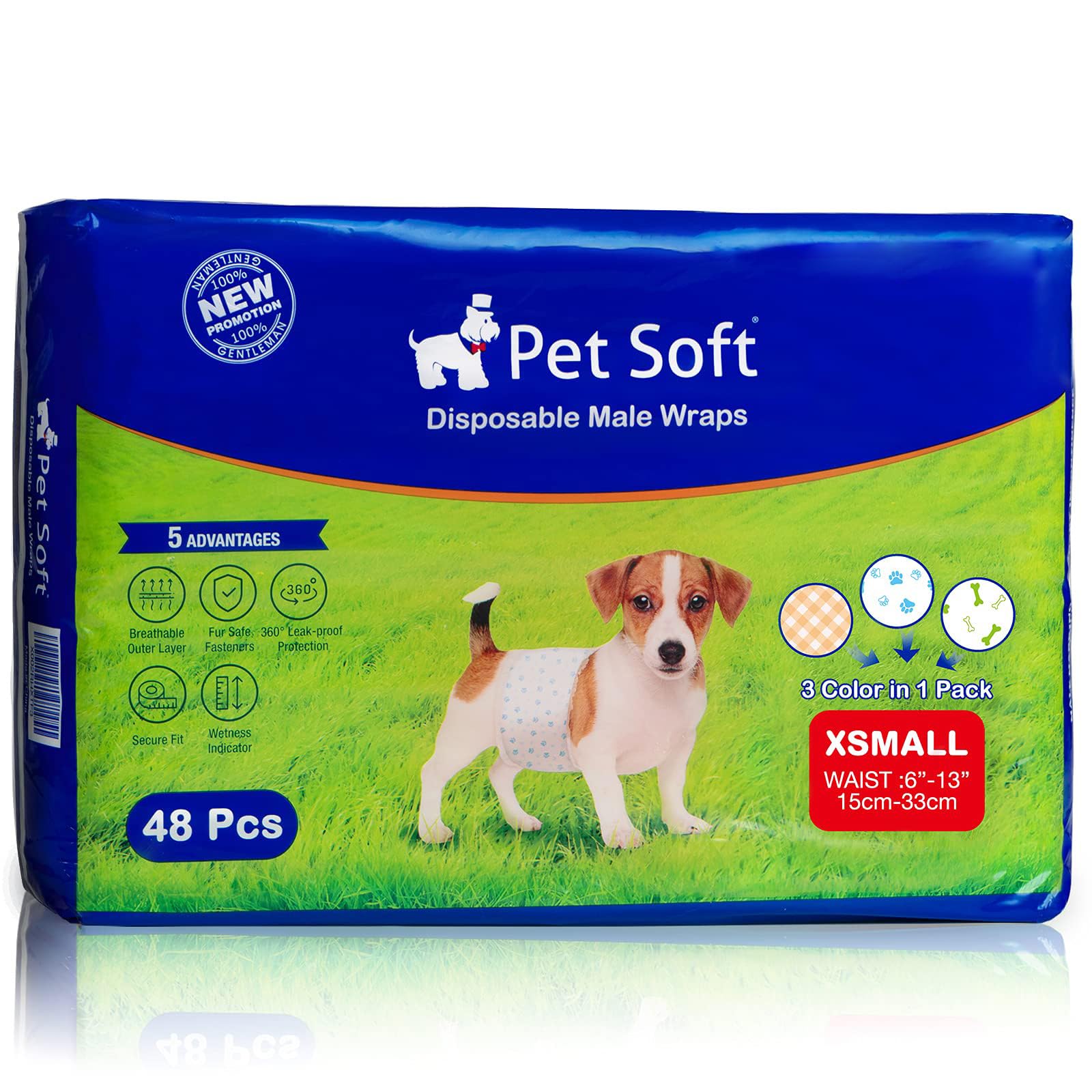 Pet Soft Dog Nappies Male - 48 Count Disposable Dog Wraps with Wetness Indicator, Super Absorbent Belly Bands for Male Dogs (XS-48 Count)