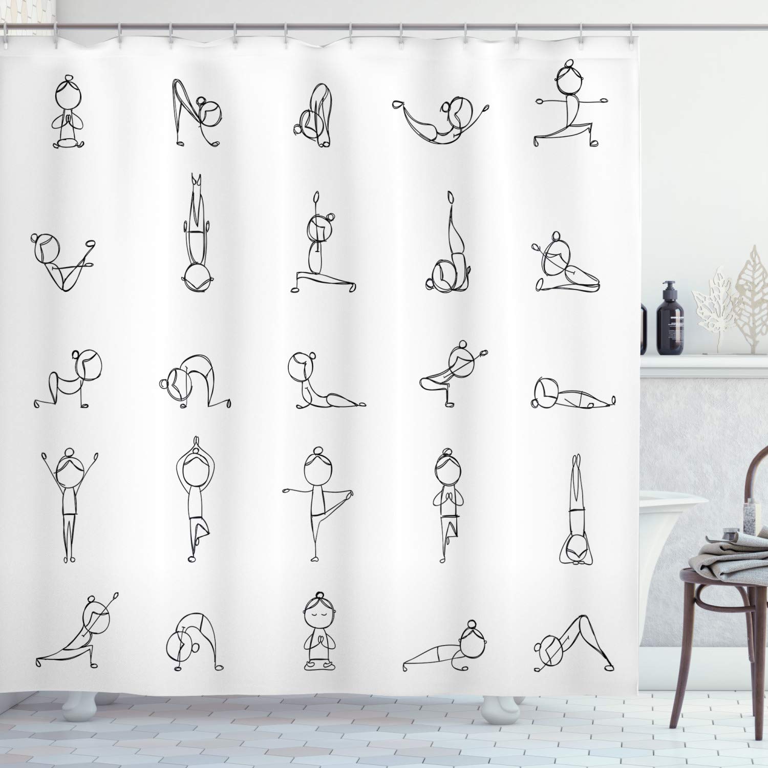 ABAKUHAUS Yoga Shower Curtain, Stickman Practicing Different Yoga Moves Stretching Physical Recreation Strength Fit, Cloth Fabric Bathroom Decor Set with Hooks, 175 x 240 cm, Black-And-White