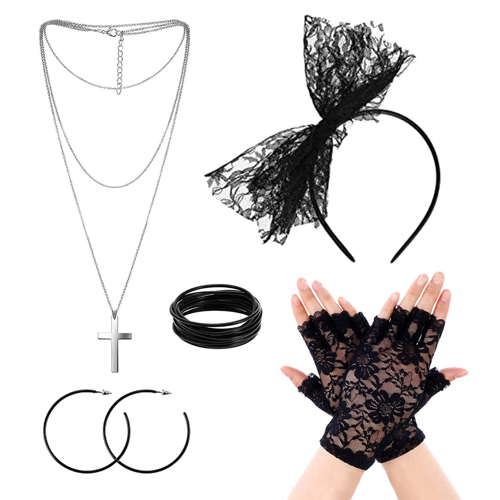 VIKSAUN 80s Retro Party Costume Set 80s Prom Party Accessories, Lace Headband Earrings Fishnet Gloves Necklace Bracelet Theme Party Cosplay Decoration Party Favors