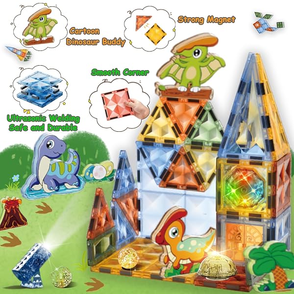 BINZKBB MAGNETIC TILES BUILDING BLOCKS,LIGHTED 3D CLEAR EDUCATIONAL STEM CONSTRUCTION SET,PRESCHOOL SENSORY MAGNET DINOSAUR CREATIVITY TOYS FOR KIDS AGE 3 4 5 6 8+ YEARS OLD GIRLS BOYS TODDLERS