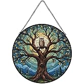 Stained Glass Window Hanging,Owl in Moonlit Tree Sun Catchers for Window Door Home Decor Suncatcher Christmas, Mother's Day, Birthday, Gifts for Women, Men 3.5x3.5in(9x9cm)
